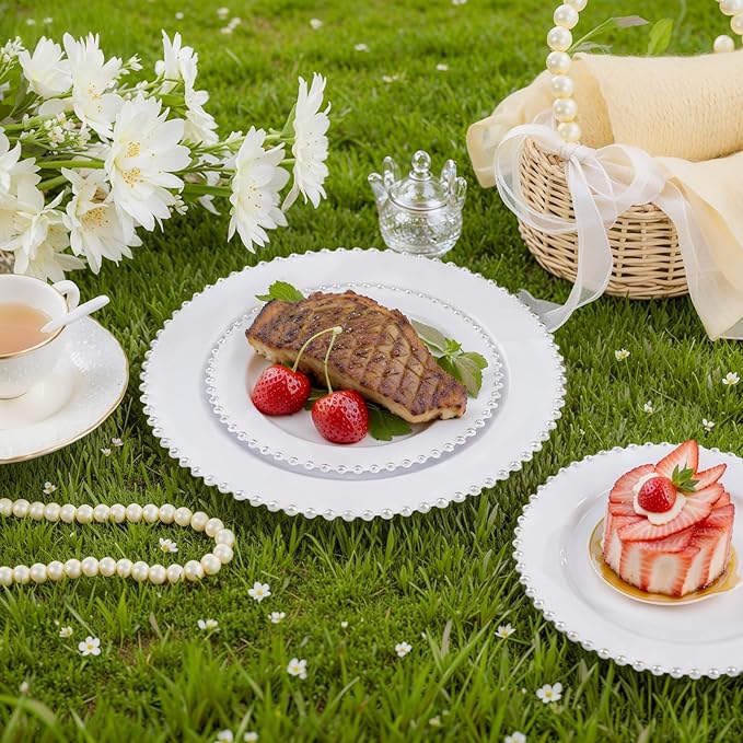supernal 100pcs Silver Plastic Plates - Heavy Duty Elegant White Disposable Plates with Silver Beads Set Include 50 Plastic Dinner Plate and 50 Dessert Plate Perfect for Wedding, Birthday & Party