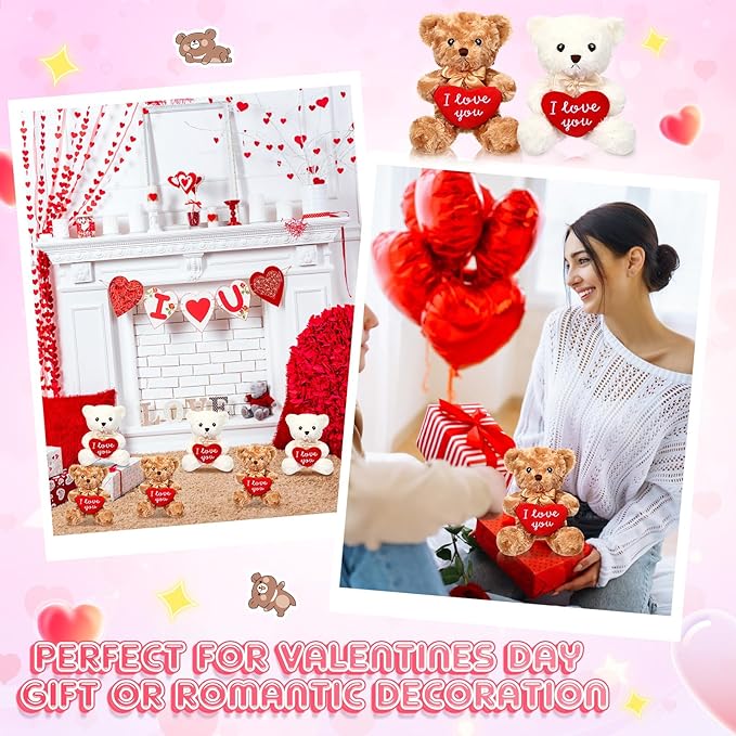 Hungdao 12 Pack Valentine's Day Bear Bulk 10 Inch Soft Valentine Stuffed Animals Cute Plush Bears Romantic Gift for Valentines Day Girlfriend Birthday Wedding Anniversary Decoration(Heart)