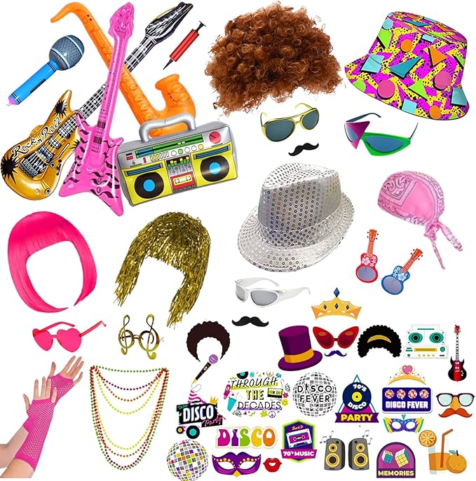 50 Pcs Rock Party Photo Booth Props Set for Adults, Funny Rock Star Party Sunglasses, Hats, Wigs, Inflatable, Photo Booth Props Kits for Graduation, Wedding, Birthday, Bachelorette and All Occasions
