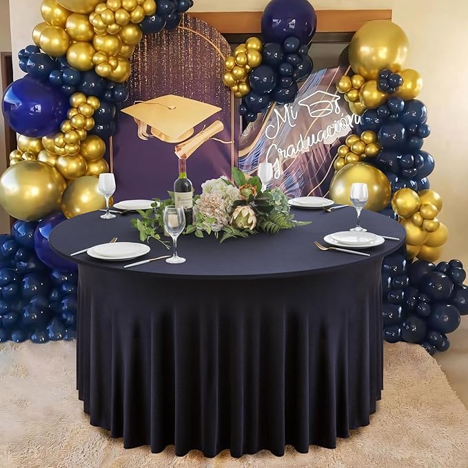 4 Pack Navy Blue Round Spandex Tablecloth 60 Inch, Wrinkle Free Stretch 120 Inch Fitted 5ft Navy Table Cloths Round Table Covers with Ruffle Skirt for Graduation Party Wedding Banquet