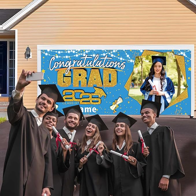 Custom Garaduation Garage Door Banner Cover 16 x 7 ft Class of 2026 Congrats Grad Party Backdrop Personalized Graduation Decoration(Sky Blue and Gold)