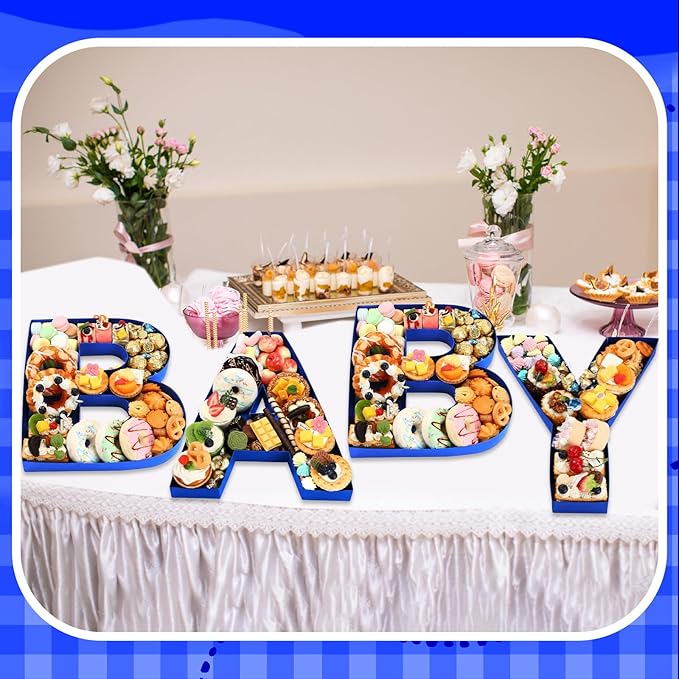 Mifoci 4 Pcs Large Baby Shower Food Trays 13.7" Charcuterie Cardboard Letter Shaped Serving Platter Fillable Boxes for Baby Shower Gender Reveal Party Paper Chocolate Candy Decoration (Royal Blue)