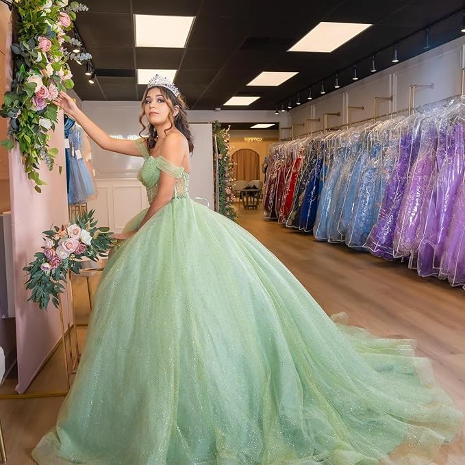 Youjiayi Glitter Tulle Quinceanera Dresses with Train Off Shoulder Beaded Sweet 16 Dresses Pleated Long Ball Gown for Women