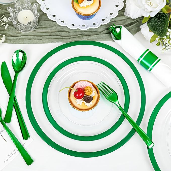 I00000 210 Pcs Green Plastic Plates-St. Patrick's Day Green Dinnerware for Party, Include 30 Dinner and 30 Dessert Plates,30 Plastic Cups 9 OZ,30 Per Rolled Napkins with Cutlery for Party