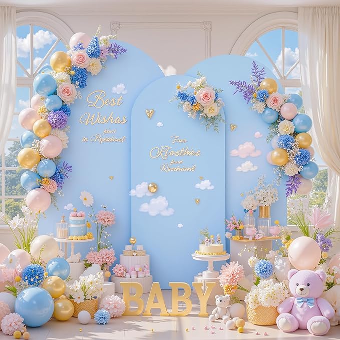 White and Blue Arch Backdrop Cover 8FT 7.2FT 6.6FT Arch Covers Stretchy Backdrop Set of 3, Wedding Arch Cover Spandex Fitted Double-Color Fabric Arch Covers for Party Baby Shower Birthday Decoration