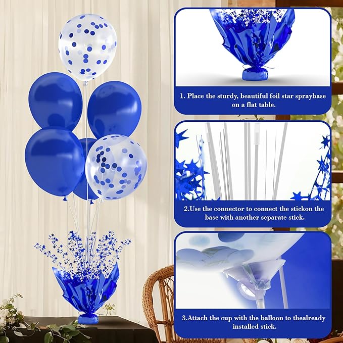 4 Set Royal Blue Table Balloons Foil Spray Centerpiece with Royal Blue and Confetti Balloons Stand Kit for Birthday Party Girls Baby Shower Wedding Bridal Shower Prom Graduation Table Decorations