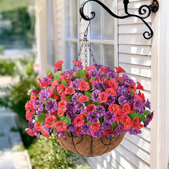 Homsunny Artificial Fake Hanging Flowers with Basket for Outdoors, Faux Silk Petunias Flower Spring Summer Decor UV Resistant Look Real for Home Outside Patio Front Porch Decorations