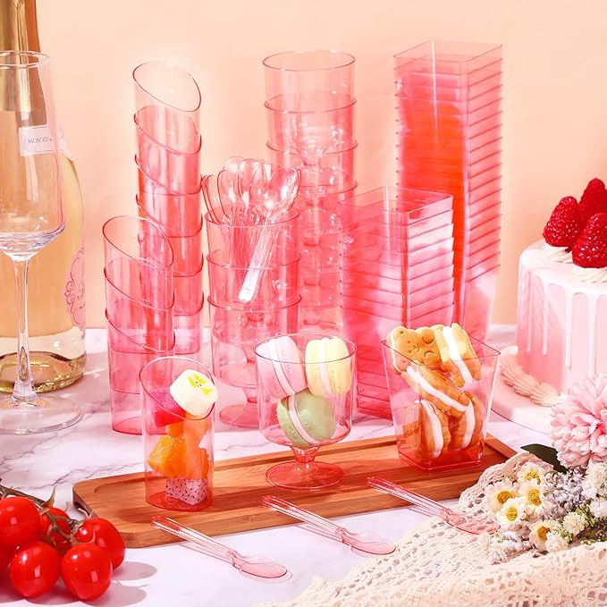 300 Pack Clear Pink Mini Dessert Cups with Spoons 5oz 3oz Plastic Square Slanted Parfait Appetizer Shooter Round Goblet for Valentines Day Dessert Table Party Pudding Ice Cream Cake Yogurt