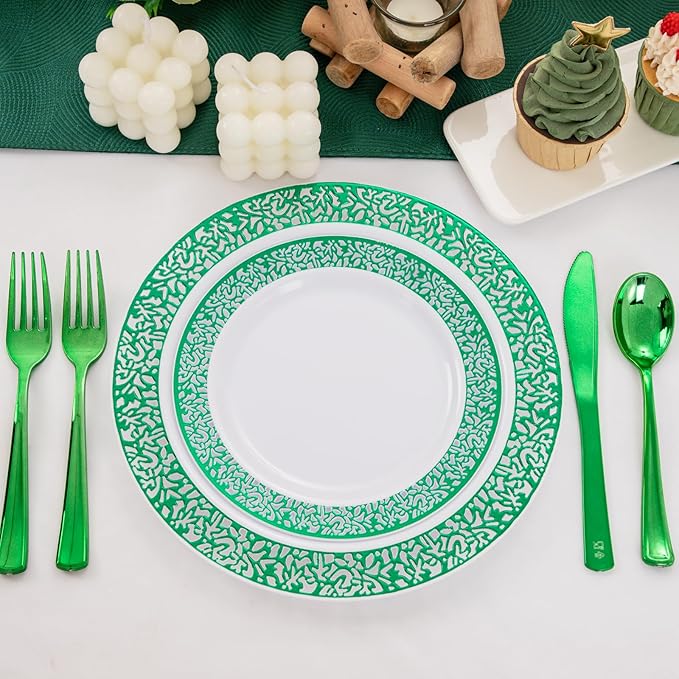 U-QE 150PCS Green St Patricks Day Plates with Plastic Silverware, Green Disposable Plates for 30 Guests Include 30 Dinner Plates, 30 Salad Plates,30 Guests Silverware Perfect for Party