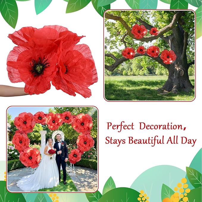 Norme 3 Pcs Giant Flowers for Decoration 12, 16, 20 Inch Large Poppy Flower Red Poppies Large Red Poppy for Wedding, Home Decor, Anniversary Birthday Valentine's Day