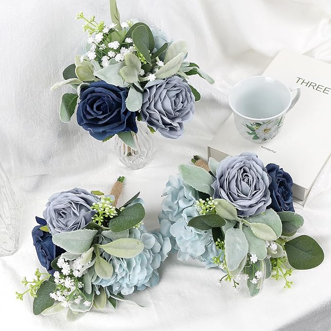 Artificial Bridesmaid Bouquets - Set of 2 Silk Rose Flowers Bouquet Wedding Rustic Small Floral Centerpieces for Marriage Proposal Party Anniversary Dining Table Decorations - Blue,7 Inch