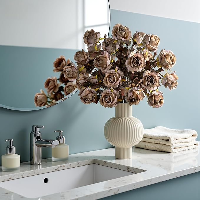 Artificial Flowers Artificial Roses Fake Roses 23.2In Long Stem Artificial Flowers for Tall Vase Silk Rose 20PCS Suitable for Indoor Decor Wedding Party Decoration DIY Bouquet Autumn (Brown)