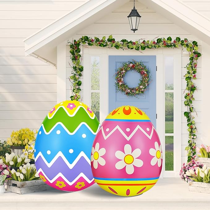 Liliful 2 Pcs 40inch Giant Easter Inflatables PVC Decorations Standing Blow up Colorful Easter Egg Rabbit Bunny Outdoor Decor for Holiday Party Yard Indoor Outdoor Garden Lawn(Wave Daisy)