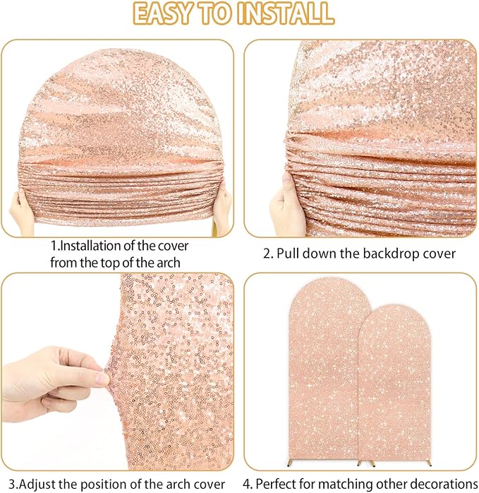 FUHSY Arch Covers 7.2FT and 6FT Rose Gold Arch Backdrop Cover Set of 2 Spandex Sequin Wedding Arches Backdrop Stands Cover for Birthday Party Bridal Baby Shower Banquet Balloon Arch Decor
