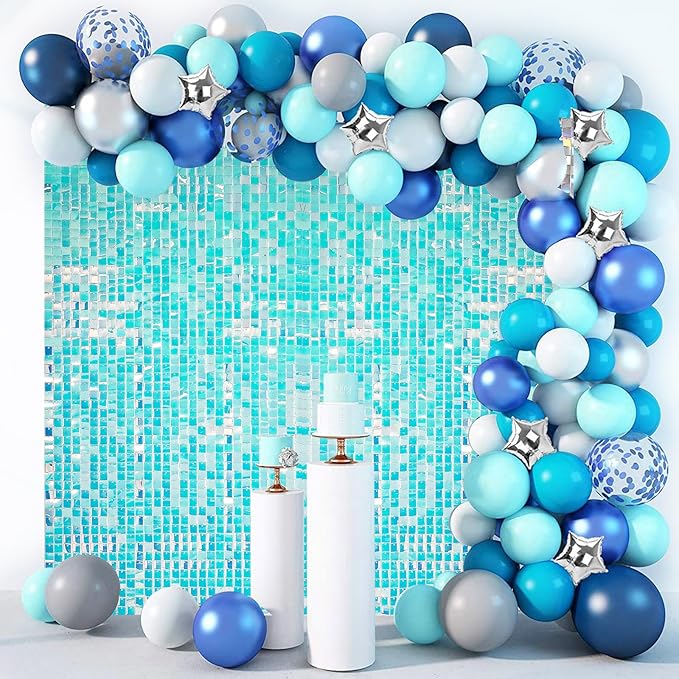 Iridescent Blue Shimmer Wall Backdrop,Shiny Sequins,24PCS Sequins Backdrop Decoration Panels, Glitter Bling Photo Background Decorations for Birthday Party Wedding Anniversary Graduation