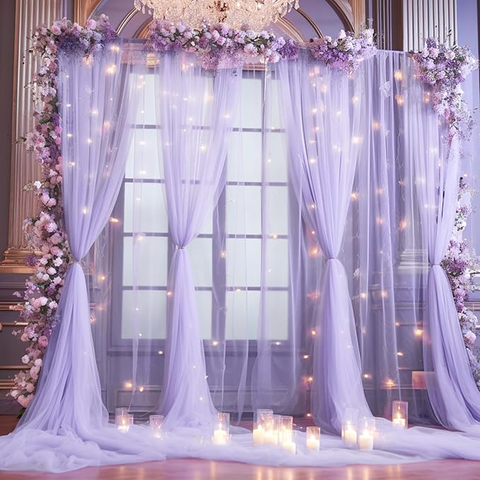 30x8ft Purple Tulle Backdrop Curtain with Lights String for Parites, Sheer Photo Backdrop Curtains with Lights for Wedding Backdrop Ceremony Reception Bridal Shower Baby Shower Birthday Party