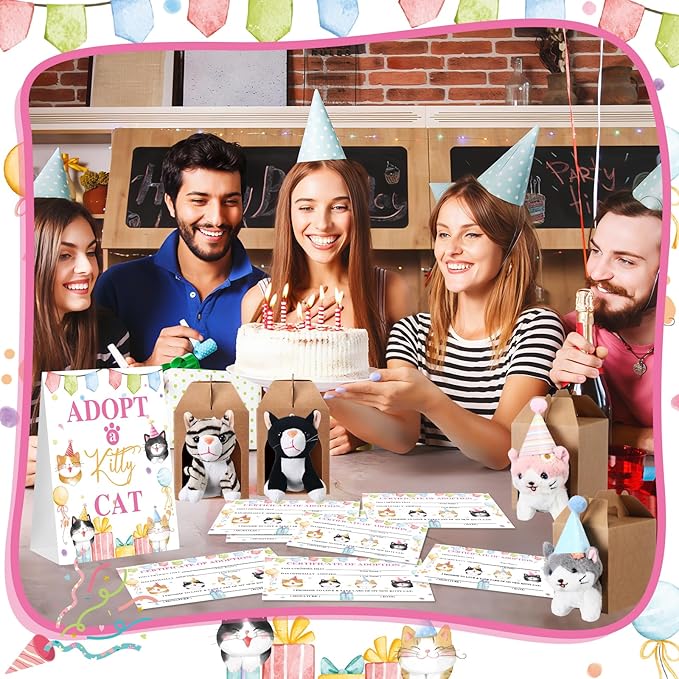 65 Pcs Adopt a Cat Party Favors, 16 Stuffed Cat Animals 16 Boxes 16 Cute Birthday Hats 16 Adoption Certificate Card 1 Adoption Sign for Adopt a Pet Party Favor Supplies(Box,Kraft)