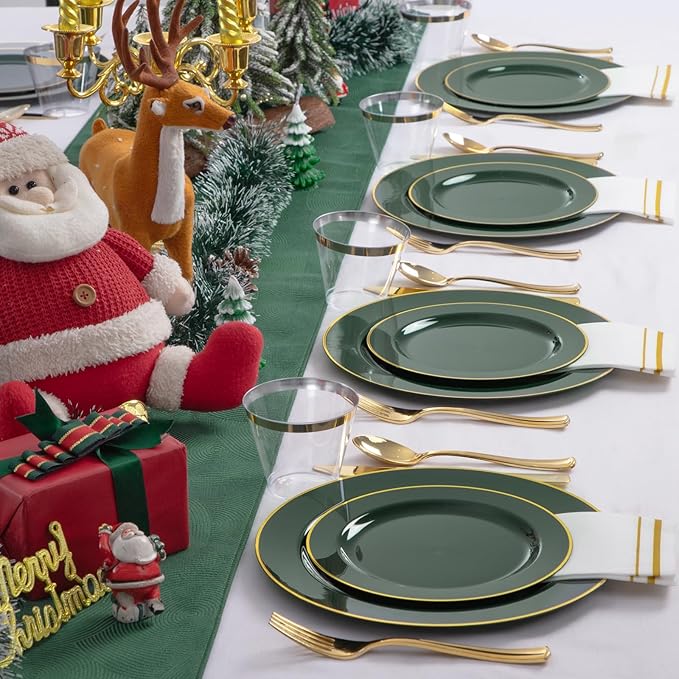 SUT 350PCS Green and Gold Plastic Plates for 50 Guests, Disposable Plates and Napkins Party Supplies, Gold Plastic Silverware, Plates, Cups and Napkins Sets,Party Plates and Cups and Napkins Sets