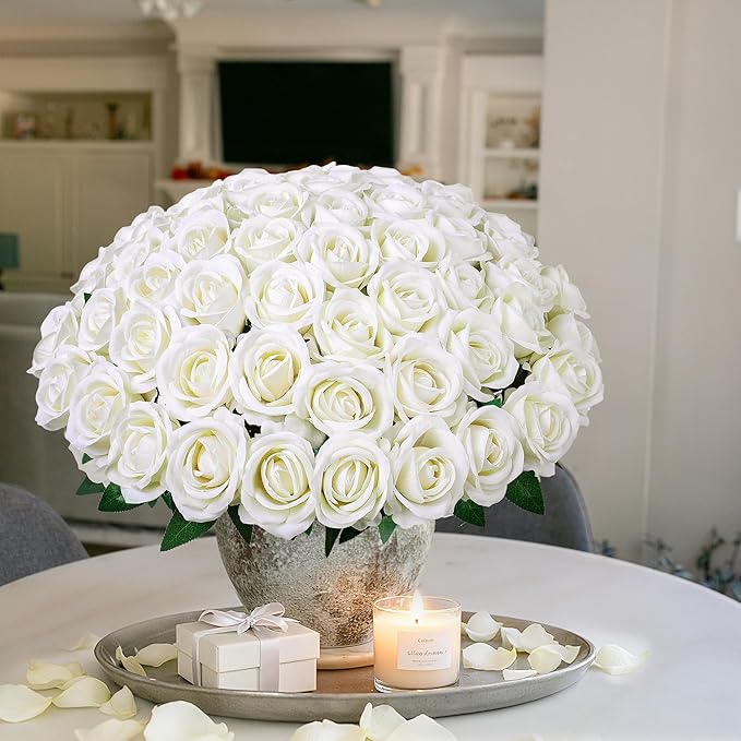 50 PCS Ivory Roses Artificial Flowers, Fake Roses with Stem Realistic Silk Roses for DIY Wedding Bouquets Tables Centerpieces Arrangements Baby Shower Birthday Home Decor Valentine's Day Gift for Her
