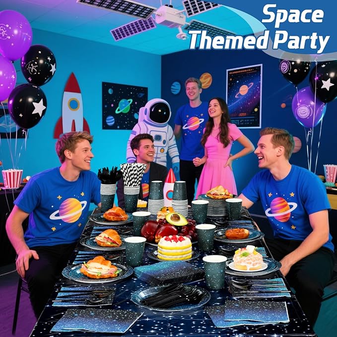 452 Pcs Galaxy Party Decorations for 50, Starry Night Theme Paper Plates Napkins Cups Tablecloth Cutlery Straws for Outer Space Theme Birthday Bridal Baby Shower Party Decorations Supplies