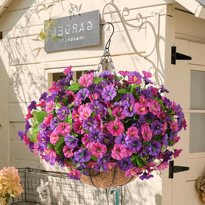 Homsunny Artificial Fake Hanging Flowers with Basket for Outdoors, Faux Silk Petunias Flower Spring Summer Decor UV Resistant Look Real for Home Outside Patio Front Porch Decorations