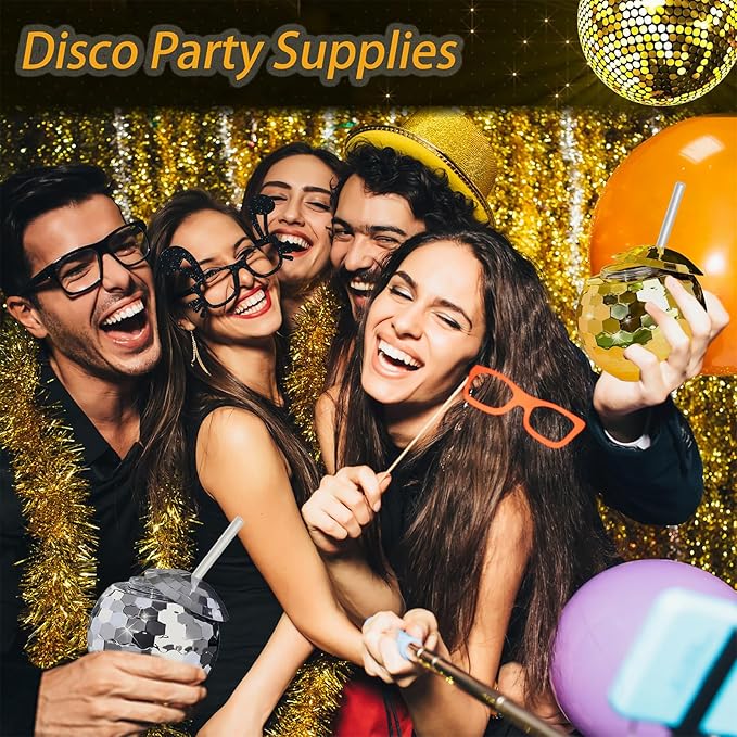 Disco Ball Cups, 20OZ Disco Party Cups with Lid and Reusable Straw Flash Ball Cocktail Cup for Party Nightclub Bar Supplies Wine Drinking Syrup Tea Bottle (12, Golden)