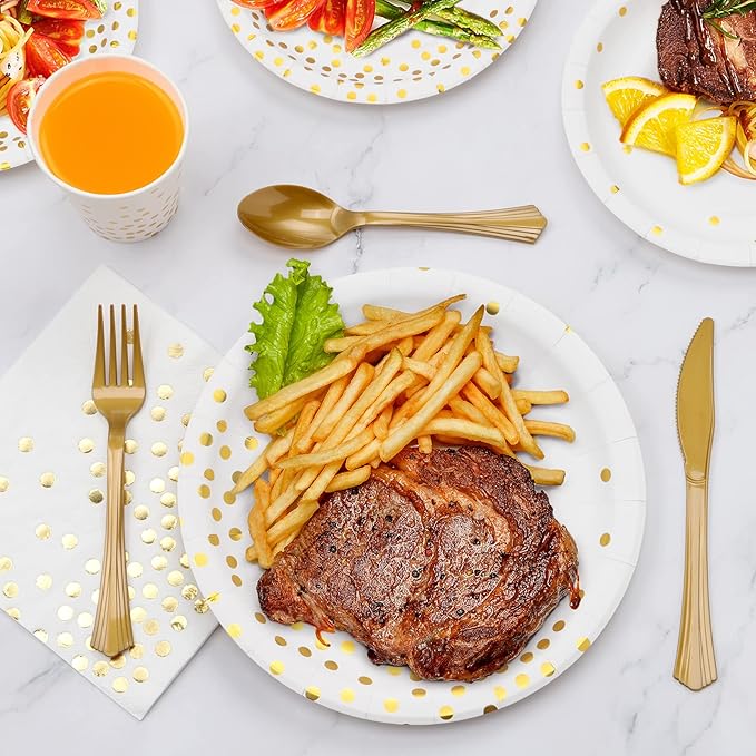 White and Gold Party Supplies, 350PCS Disposable Dinnerware Set w/White Paper Plates Napkin Cups Plastic Forks Knives Spoon for Women Men Birthday Easter Retirement Engagement Graduation Decorations