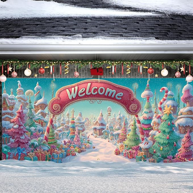 Christmas Welcome Garage Door Banner 7x16FT Candy Village Scene, Xmas Garage Door Cover for Outdoor Decorations & Holiday Parties