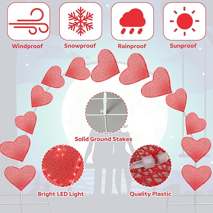 VIHOSE 10ft Valentine's Day Heart Light Arch LED Outdoor Arches Decor with Flasher Modes Love Pathway Markers Lights for Valentine Proposal Wedding Engagement and Birthday Party Yard Lawn Decor