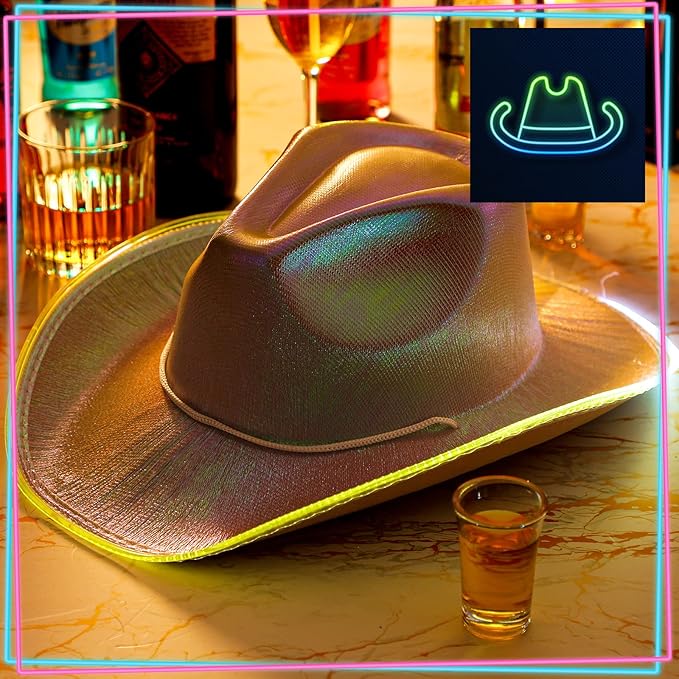 Kigeli 10 Pcs Lights LED Cowboy Cowgirl Hat LED Flashing Hat Cowgirl Hat for Western Cowboy Role Play(Silver,Sequin)