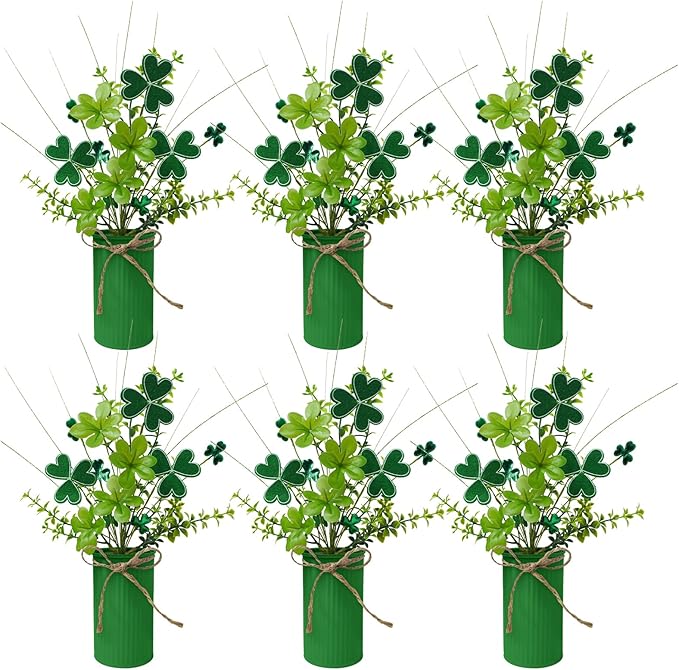TORONTOKYO 6Pcs St Patricks Day Decorations Artificial Potted Plant Green Shamrock Stems Floral Picks Small Fake Plant for Home Party Table Centerpiece Decor