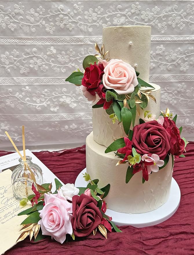 Marriwise 3Pcs Pre-made Cake Toppers Flowers, Burgundy Red Wedding Cake Decoration,Artificial Flowers Decor for Wedding Ceremony Anniversary,Birthday Party,Outdoor Forest (Burgundy Red)