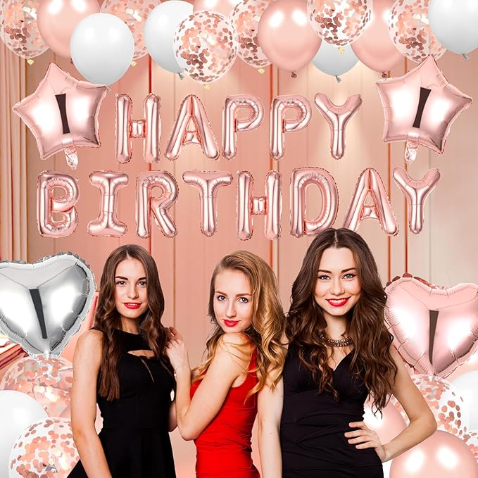 Pink Birthday Balloons Decorations Rose Gold Birthday Balloon Letters Banner with 6 Pcs Star Balloons Pink Artificial Rose Petals 24 Flameless LED Candles for Room Bday Party Decorations Supplies