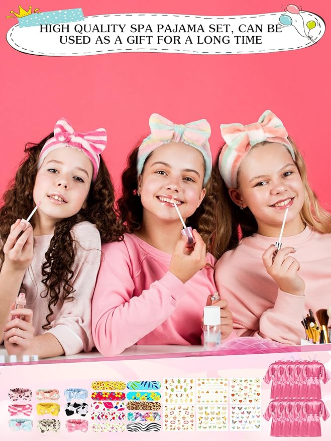 Suhine 10 Set Spa Party Supplies for Girls, Kids Satin Robes Nail Salon Kit Spa Kit Accessories for Birthday Party Favors