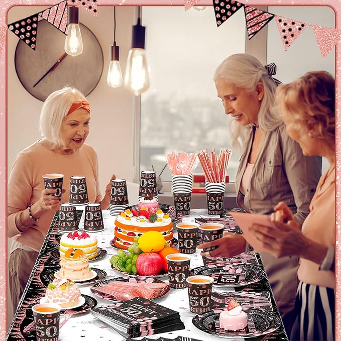 452 Pcs 50th Birthday Decorations for Women Black and Rose Gold 50th Birthday Paper Plates Cups Napkins Tablecloth Cutlery Straws for Girls Women 50 Year Old Party Supplies for 50 Guests