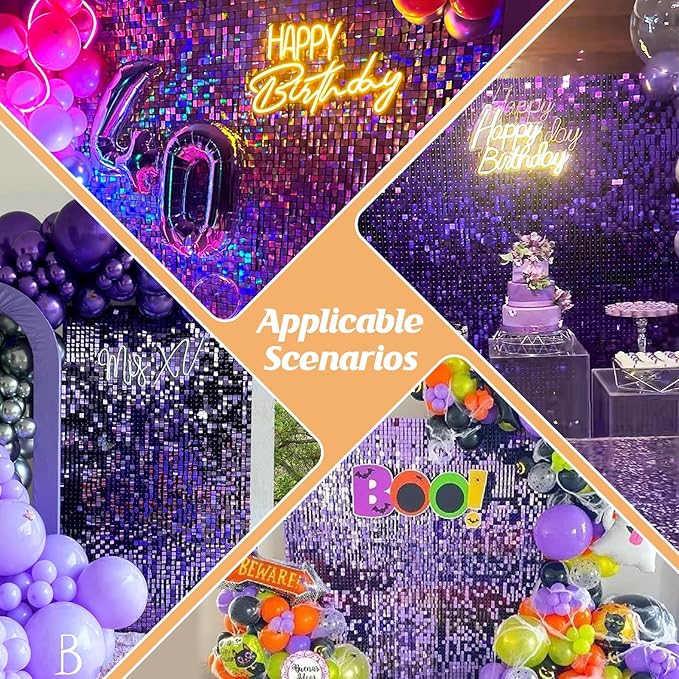 Purple Shimmer Wall Backdrop,Shiny Sequins,24PCS Sequins Backdrop Decoration Panels, Glitter Bling Photo Background Decorations for Birthday Party Wedding Engagement Anniversary Graduation