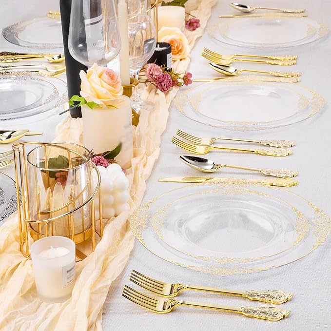 100 PCS Clear and Gold Plastic Plates for 50 Guests, Clear Disposable Plates Include 50 PCS Dinner Plates, 50 PCS Dessert Plates for Party, Wedding and Graduation