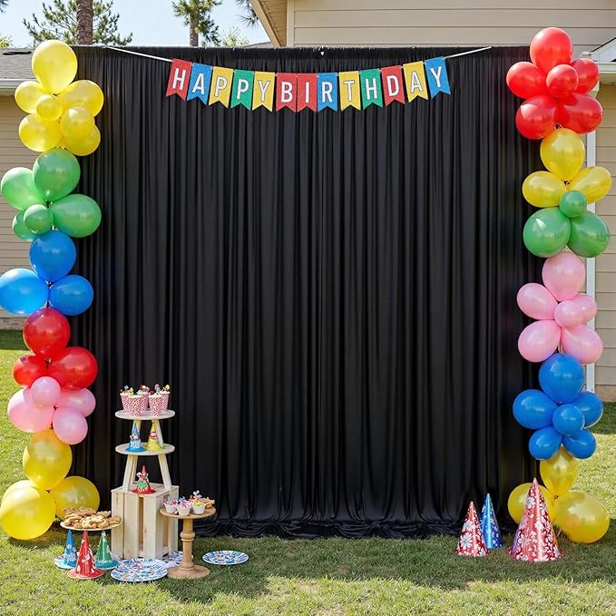 30 ft x 10 ft Wrinkle Free Black Backdrop Curtain for Parties, 6 Panels Silky Polyester Black Wedding Drapes for Backdrop 10 ft Photo Back Drop Cloth for Birthday Graduation Photography Background