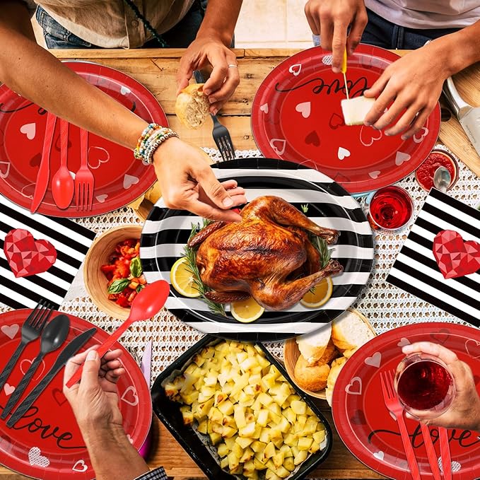350 Pieces Valentine's Day Dinnerware - Valentines Plates and Napkins Paper Cups Plastic Forks Spoons Knives, Red and Black Love Heart Tableware Set for 50 Guests Valentine Party Supplies