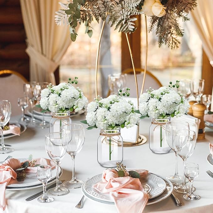 XunYee 10 Set Mason Jar Table Centerpiece with Flower Mason Jar Flower Centerpiece Vases Decor for Engagement Party Bridal Shower Centerpieces Wedding Reception Table Decor(Hydrangea)