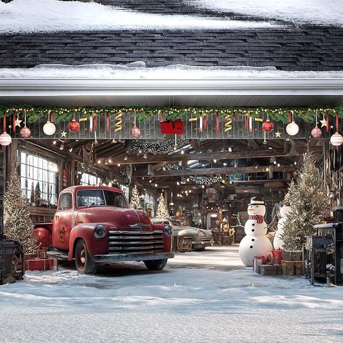 Christmas Garage Door Banner 7x16FT, Vintage Red Truck and Snowman Garage Cover, Outdoor Xmas Decorations for Garage Doors Driveways Holiday Parties