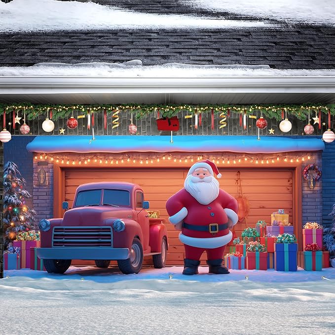 Santa and Truck Christmas Garage Door Banner 7x16FT, Holiday Scene with Santa, Gifts, and Vintage Truck, Large Outdoor Xmas Decoration for Garage Doors