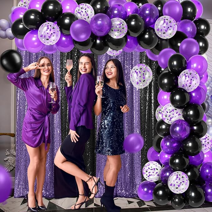 137 Pcs Purple Black Party Backdrop Kits - 4 Sequin Backdrop Curtain 133 Balloon Arch Garland Kit Photo Background for Birthday Christmas New Year Halloween Graduation Weeding Decor