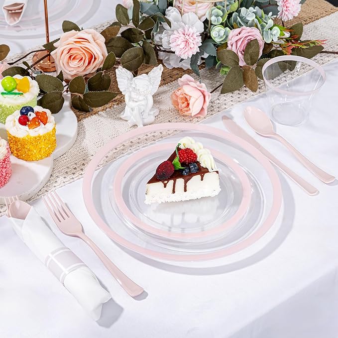 I00000 350 Pcs Clear Pink Plates for 50 Guests, Pink Dinnerware Include 100 Plates, 50 Cups, 50 Pre Rolled Napkins with Cutlery Set for Party and Wedding
