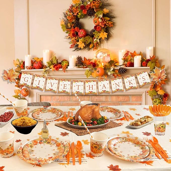 194Pcs Thanksgiving Disposable Dinnerware Tableware,Thanksgiving Paper Plates and Napkins Sets-Fall Thanksgivings Party Supplies with Tablecloth & Banner & Cups for Fall Party Decor, Serves 24