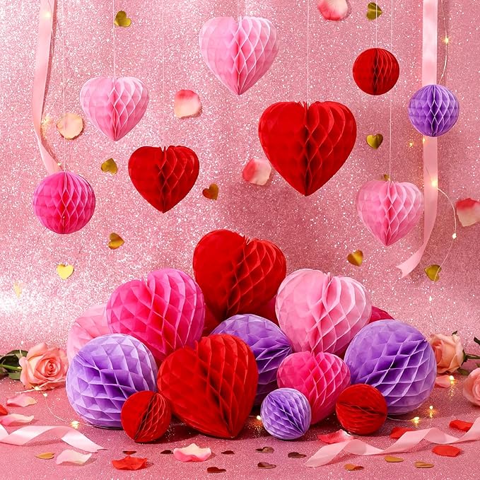 48 Pcs Valentine's Day Paper Heart Shaped Honeycomb Party Decorations Red Pink Purple Round Heart Tissue Paper Pom Poms for Birthday Wedding Decorations, 5 Size