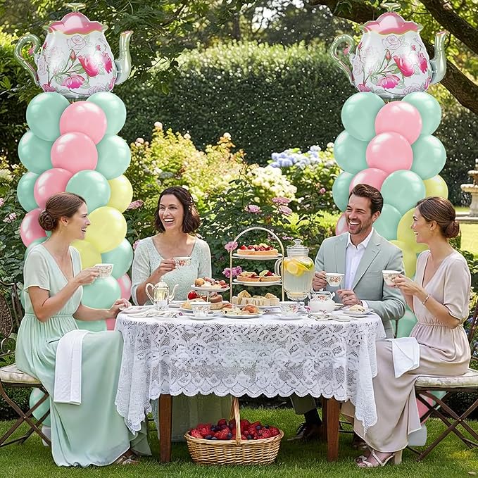 Kasyat 2 Set Tea Party Balloon Column Stand Kit with Adjustable Pastel Foil Balloon Arch Tea Party Decor for Spring Bridal Shower Wedding Baby Shower Teapot Birthday Decorations