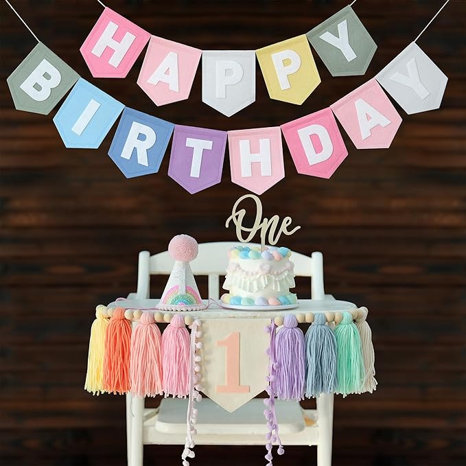 Pastel Macaron Rainbow High Chair Banner Felt Happy Birthday Banner Pre-Strung Birthday Party Decorations For 1st Girl Birthday Backdrop