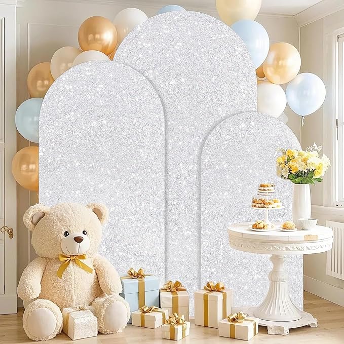 FUHSY Silver Arch Cover Set of 3 Arch Backdrop Cover 7.2FT/6.6FT/6FT Sparkle Sequin Chiara Backdrop Covers Spandex Wedding Arch Stand Covers for Party Birthday Banquet Ceremony Graduation Decor