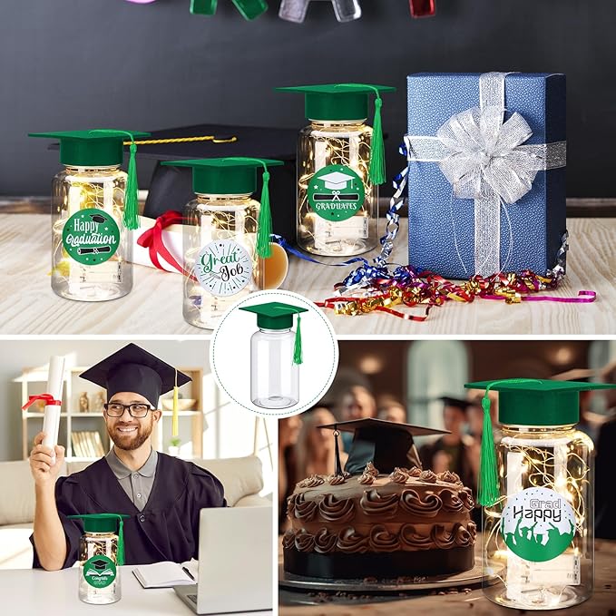 Boao 16 Sets Graduation Table Decoration Set with LED Light up Graduation Decorations for Class of 2026, Grad Jar, Felt Grad Hat and Stickers for High School College(Green)
